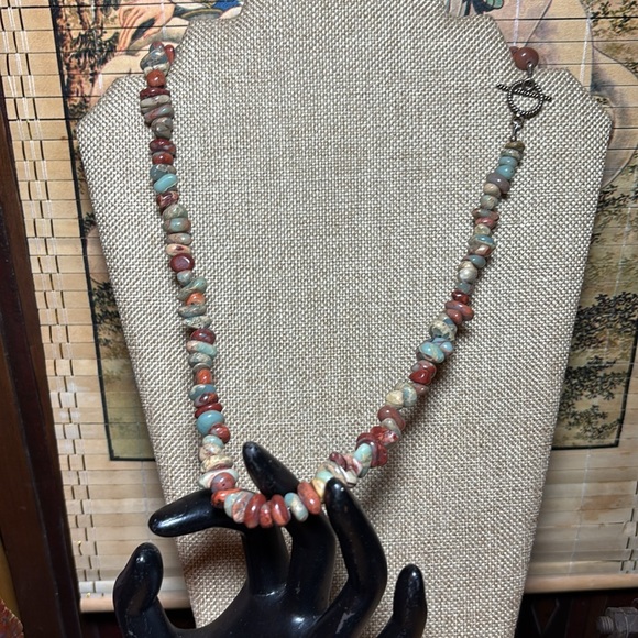 Jasper Stone Necklace Earthy Gray Blue Brown Multicolor Beaded Toggle Clasp 22”L - Picture 1 of 17